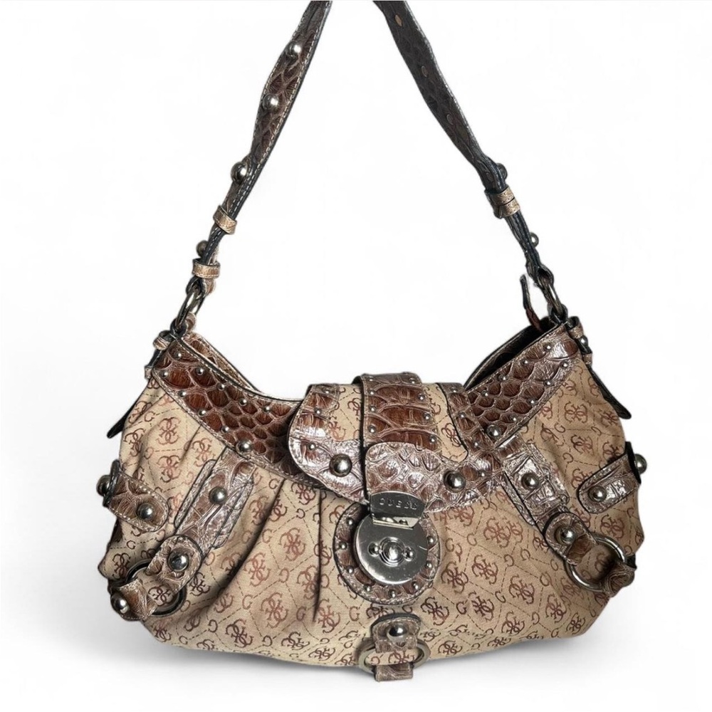 ❗️SOLD❗️GUESS Vintage Y2K Medium Shoulder Bag – Monogram & Croc Details